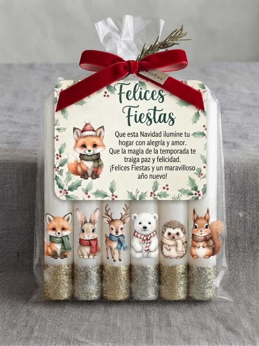 Velas con ilustraciones de animales navideños